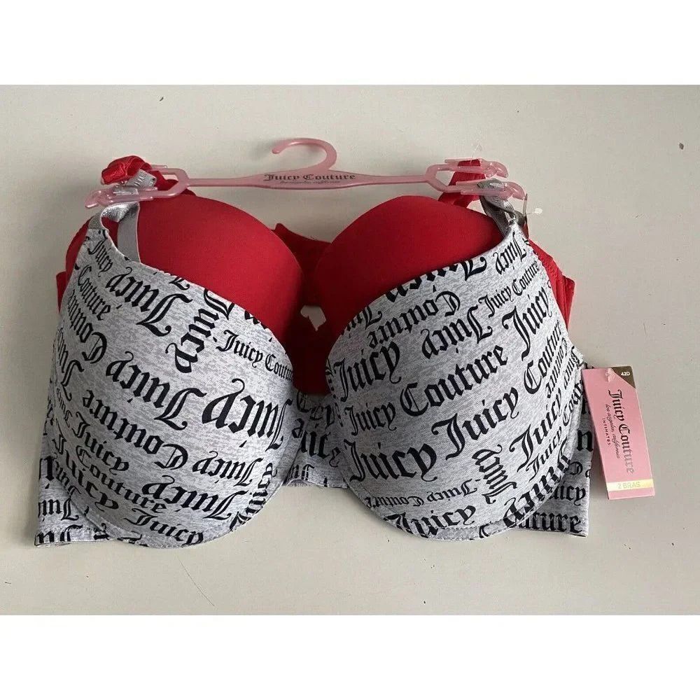 Juicy Couture Sleek & Smooth‎ 2 Pk Bra JC3819 Lined Sz 42D Logo Script Grey Red